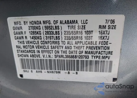 2006 Honda Odyssey Ex-L из США, поврежденный, VIN 5FNRL38686B120793